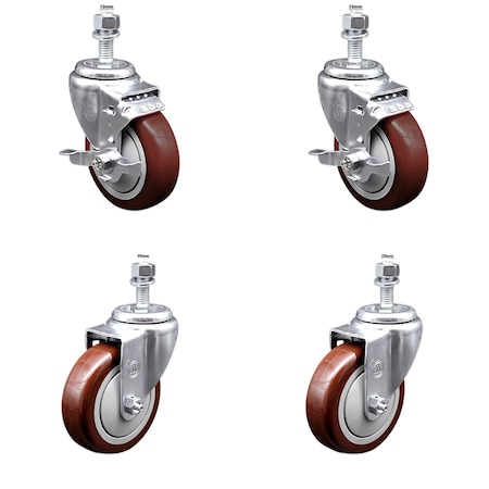 Service Caster 4 Inch SS Maroon Polyurethane Swivel 12mm Threaded Stem Caster Brake, 2PK SSTS20S414-PPUB-MRN-TLB-M1215-2-S-2